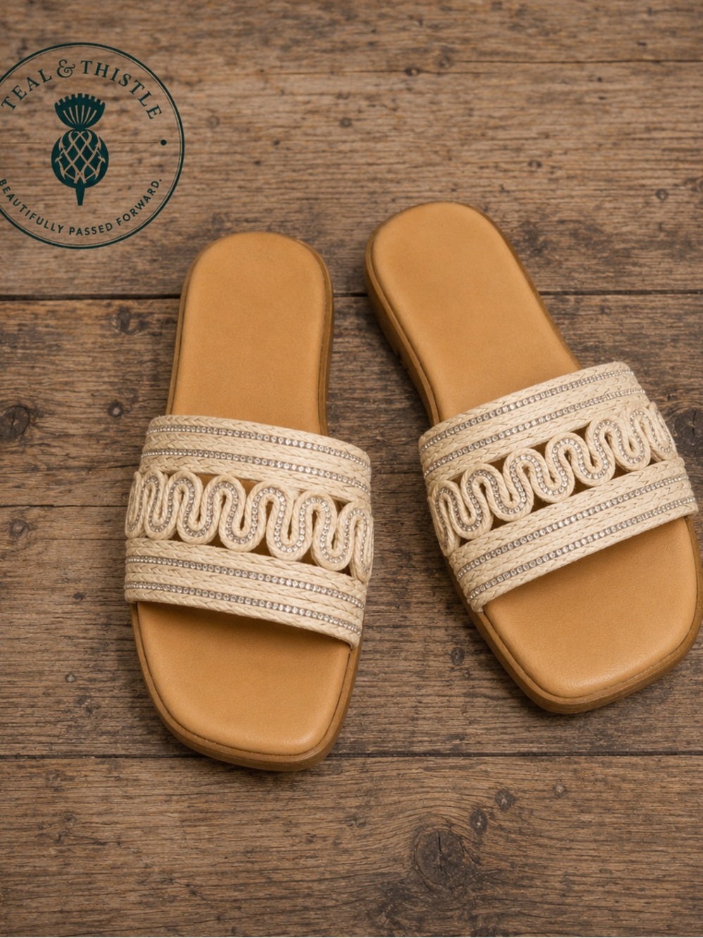 Woven Cream Slide Sandals with Tan Footbed